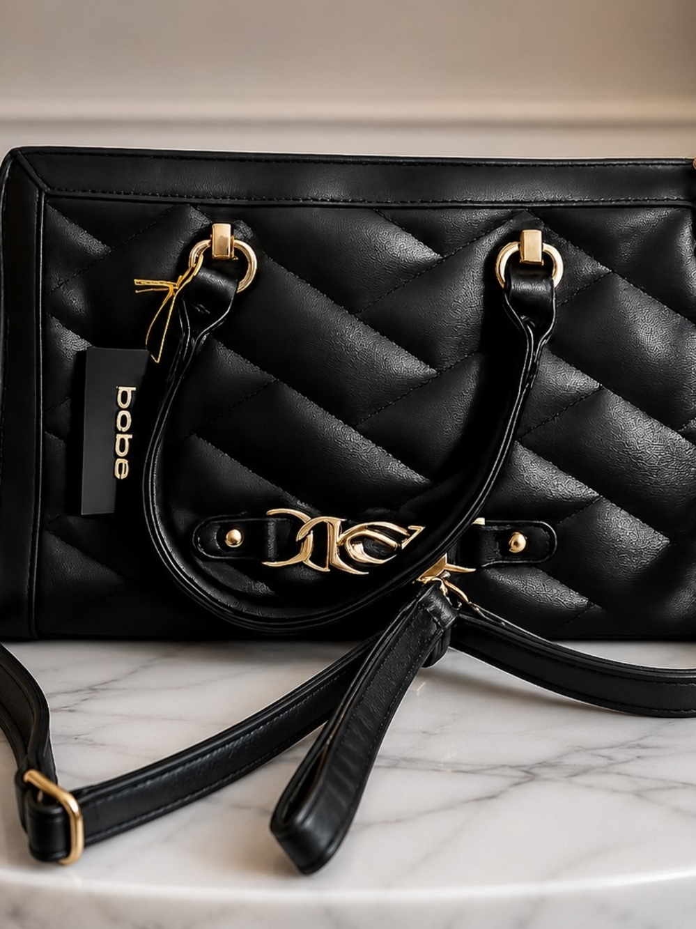 Bebe Black Quilted Leather Shoulder Bag with Gold Hardware - Picture 3 of 4
